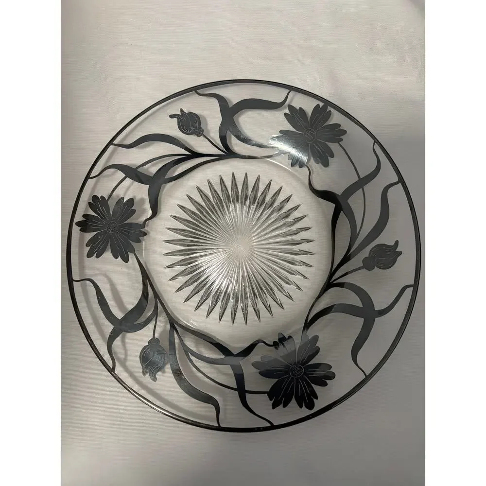 Vintage Silver Overlay Floral Clear Glass Plate